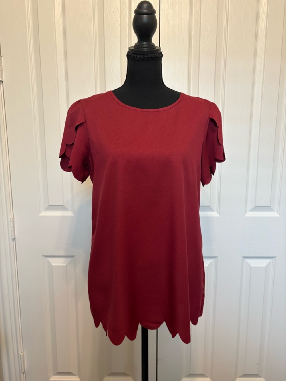 SHEIN Burgundy Scallop Trim Short Sleeve Blouse